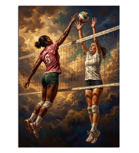 Bulutlu Voleybol Oynayan İki Kadın Dekoratif Kanvas - Mdf Ahşap Tablo