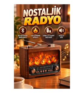 Nostaljik Radyo Tasarımlı Bluetooth Hoparlör – LED Şömine Efekti, USB ve TF Kart Destekli