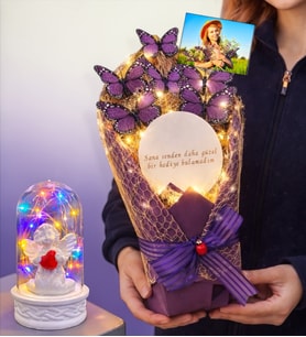 Size Özel Fotoğraflı Led Işıklı Aynalı Kelebek Buketi & Renkli Led Işıklı Fanuslu (Model 1)