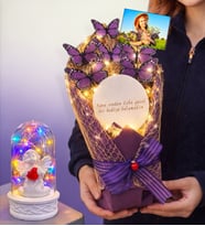 Size Özel Fotoğraflı Led Işıklı Aynalı Kelebek Buketi & Renkli Led Işıklı Fanuslu (Model 1)