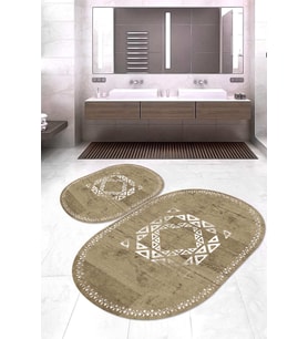 Dijital Baskılı Kaymaz Taban Yıkanabilir Oval 2'li Klozet Takımı Banyo Paspası NOKZ-SD-1051 (Kahverengi)