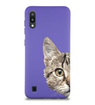 Samsung Galaxy M10 Uyumlu Lansman Kılıf Catface Tasarımlı İçi Kadife Kapak-Mor (Şeffaf)