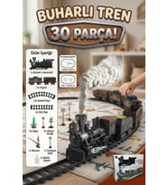 Pilli Buharlı Tren Seti - 30 Parça Işıklı Sesli Gerçek Duman Çıkaran Raylı Tren Oyuncağı