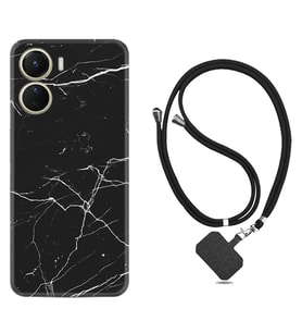 Vivo Y16 Kılıf Resimli Boyun Askılı İpli Desenli Silikon Siyah Mermer 1299