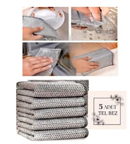 Yayke Çift Katlı Çok Amaçlı Tel Bez Mikrofiber Inox Bez Telli Bulaşık Bezi (5Adet)