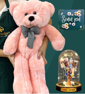 Kişiye Özel 3 Fotoğraflı, İsimli Led Işıklı Fanus ve Büyük Boy Pembe Peluş Ayıcık (Model 9)