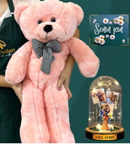 Kişiye Özel 3 Fotoğraflı, İsimli Led Işıklı Fanus ve Büyük Boy Pembe Peluş Ayıcık (Model 9)