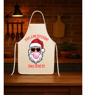 Yılbaşı Mutfak Önlüğü Yeni Yıl Noel Baba Beni Öp Tasarımlı Önlük (Krem)
