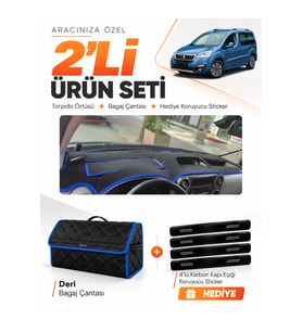 e-biz PEUGEOT PARTNER EKRANLI KAPAKLI (2008-2017) Uyumlu Torpido + Deri Çanta - Siyah-Mavi - PE022
