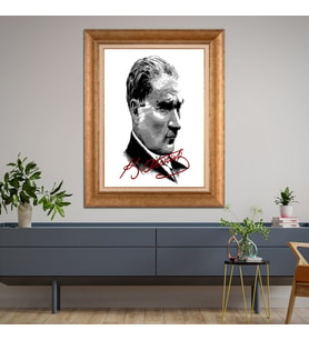 Altın Varaklı Çerçeveli Paspartulu Atatürk Tablo DC1502 (Gold)