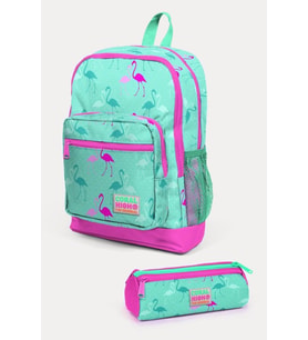 Coral High Kids Su Yeşili Neon Pembe Flamingo Desenli 2'li Okul Çanta Seti - Kız Çocuk