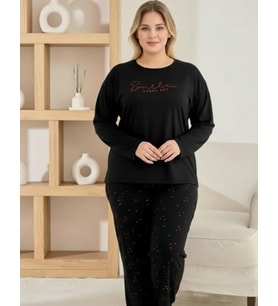 Pijamoni Kadın Milan Büyük Beden Bisiklet Yaka Uzun Kol İnce Pijama Takımı 7666/46 - 1 Adet