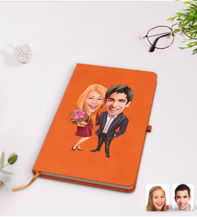 BK Gift Kişiye Özel Sevgililer Karikatürlü Turuncu Termo Deri Defter Model 94