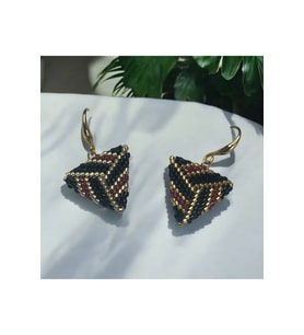 Bordo, Gold, Siyah, Üçgen Küpe, Boncuk Küpe, Handmade Takı, Aksesuar, Bijuteri Küpe