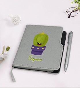 BK Gift Kişiye Özel Kaktüs Tasarımlı Gri Termo Deri Defter Kalem Seti-10