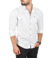 DeepSEA Erkek  Slim Fit Pamuklu Cepli Kot Gömlek Çıtçıtlı Uzun Kollu Spor Gömlek 2502503 (Beyaz)
