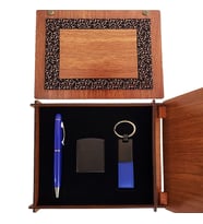 Ahşap Kutulu Mavi Kalem Anahtarlık ve Çakmak Set