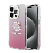 Apple iPhone 15 Pro Uyumlu Kılıf Hello Kitty Orjinal Lisanslı Yazı ve İkonik Logolu Elektroplating Kaplama Gradyan Kapak (Pembe)