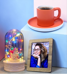 Kahve Fincanı, Fotoğraf ve Renkli Led Işıklı Unicornlu Fanus Hediye Seti