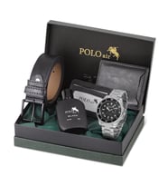 Polo Air Mercek Takvimli Erkek Kol Saati Cüzdan Kemer Kartlık Parfüm Kombin Gümüş Siyah Renk PL-0989E1 (Gümüş-Siyah)