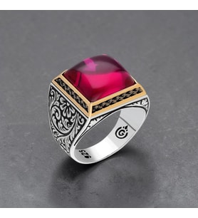 925 Ayar Gümüş Kırmızı Ruby Taşlı Kalem İşlemeli Erkek Yüzük