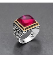 925 Ayar Gümüş Kırmızı Ruby Taşlı Kalem İşlemeli Erkek Yüzük