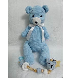 Kadife Ayıcık ve Emzik Zinciri Takımı Amigurumi Organik Oyuncak