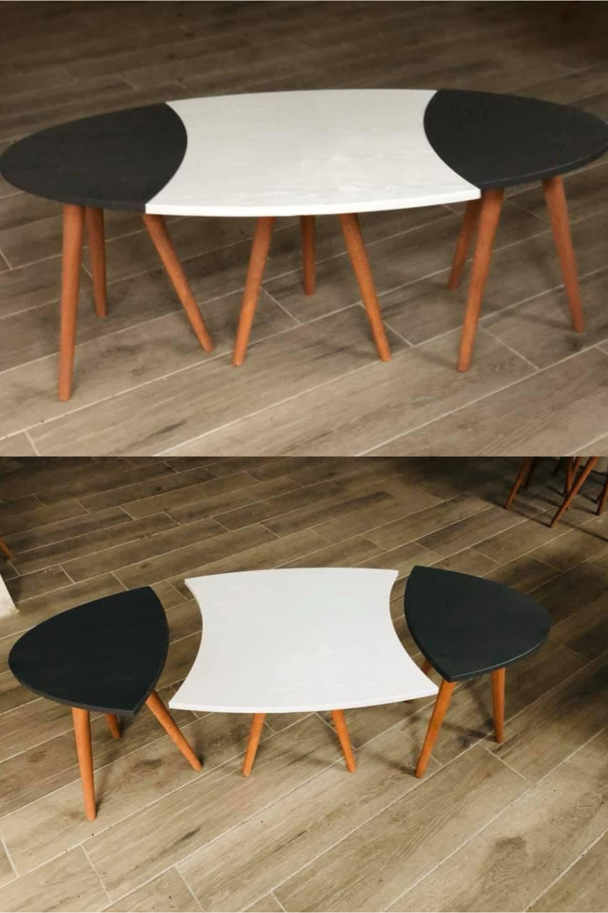 Pınar Mobilya Oval Orta Sehpa Siyah Beyaz Ahşap Ayaklı