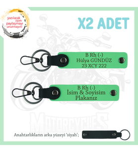 Motosiklet Tutkunlarına, İsim Plaka ve B (-) Kan Grubu Yazılı Acil Durum x2 Anahtarlık, F Yeşil-Syh