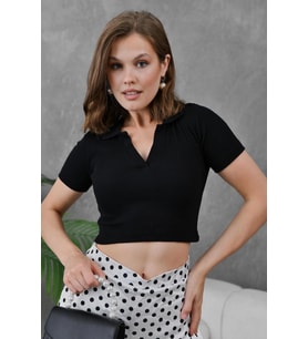 Kadın Siyah Polo Yaka Basic Crop Body