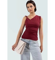Kadın Asimetrik Yaka Büzgülü Örme Bluz Rahat Günlük Stil Trend Tasarım Şık Görünüm (Bordo)