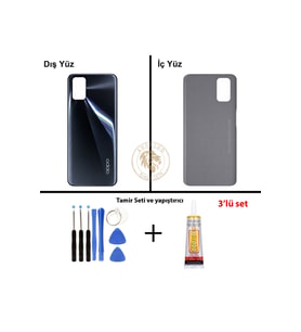 Oppo A72 Siyah Uyumlu Arka Kapak + Yapıştırıcı ve Vida Seti Arka Cam Batarya Pil Kapağı Lazer Kesim