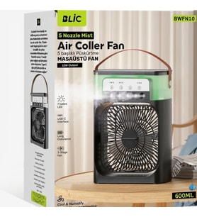 Blic 5 Başlıklı Buharlı Klima Fanı 600ML Su Hazneli Siyah USB-C Şarj ile Kullanım Masaüstü Air Cooler Beyaz