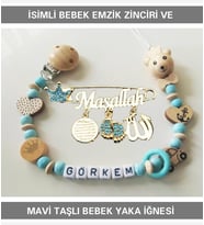 Sahi Aksesuar İsimli Bebek Emzik Zinciri ve Mavi Taşlı Bebek Yaka İğnesi