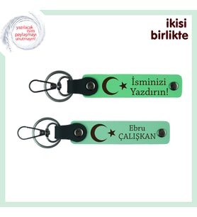 Ay Yıldız Desenli Öğretmene Teşekkür Anahtarlığı – Kişiye Özel 2’li Set, Fıstık Yeşil-Yeşil