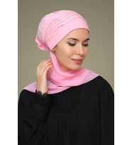 Pembe Pratik Hazır Geçmeli Tesettür Bone Sandy Kumaş İncili Nervürlü Güllü Atkılı 1805A_04
