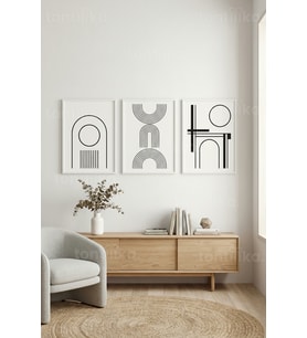 Modern Minimalist Soyut Geometrik Çizgiler 3’lü Ahşap Çerçeveli Tablo Seti