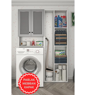 Kenzlife membran çamaşır makinesi dolabı veronikasüpürge gribyz panjur 180*126*20 mebran kapak MDF gövde arkalıksız raflı (Beyaz-Gri)