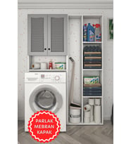 Kenzlife membran çamaşır makinesi dolabı veronikasüpürge gribyz panjur 180*126*20 mebran kapak MDF gövde arkalıksız raflı (Beyaz-Gri)