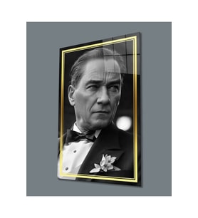 Miyrem Glasses Collection -A1^#  Gold Şerit Siyah Beyaz Atatürk Yapay Zeka Cam Tablo (Çok Renkli)