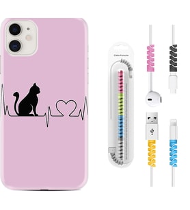 Apple iPhone 11 12 13 Mini Kılıf Kablo Koruma Spiral Silikon Pink Cat Heart 1303