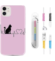 Apple iPhone 11 12 13 Mini Kılıf Kablo Koruma Spiral Silikon Pink Cat Heart 1303