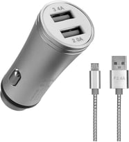 HY-X62 3.4A Hızlı Şarj Micro USB Kablolu 2 USB Metal Araç Şarj Cihazı, Gümüş