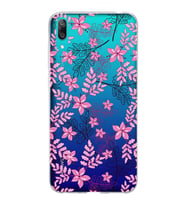 Huawei Y7 Pro 2019 Uyumlu Kapak Floral Pembe Tasarımlı Şeffaf Silikon Kılıf
