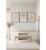 Pastel Tonlarda Botanik ve Soyut Çizimler 3’lü Ahşap Çerçeveli Tablo Seti