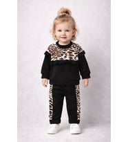 Kız Bebek Leopar Detaylı Fırfırlı 2'li Alt Üst Takım - Siyah
