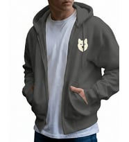 Erkek Beyaz Husky Baskılı Oversize Fermuarlı Hoodie (Gri)