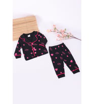 VaVbaby %100 Pamuk Kruvaze Yaka Önden Düğmeli Pembe Kalpli Siyah Mevsimlik Bebek Pijama Takım (Ay)