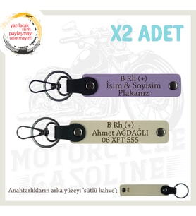 Motorcu Dostlara Özel, İsim Plaka ve B Rh (+) Kan Grubu Hediye x2' li Anahtarlıklar, Mor-S Kahve-SK