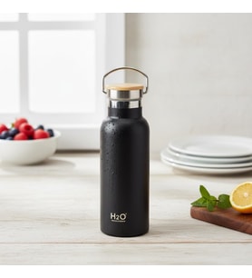 Bambu Kapaklı Siyah Çelik Termos Matara - 500 ml Sızdırmaz Kilitli Mug - Doğal Ahşap Detaylı Sıcak ve Soğuk Tutan Ofis Termosu